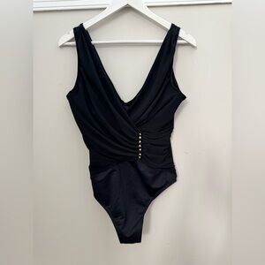 Magicsuit Black One Piece Swimsuit Sz 12 Tummy Control Slimming Ruched V Neck